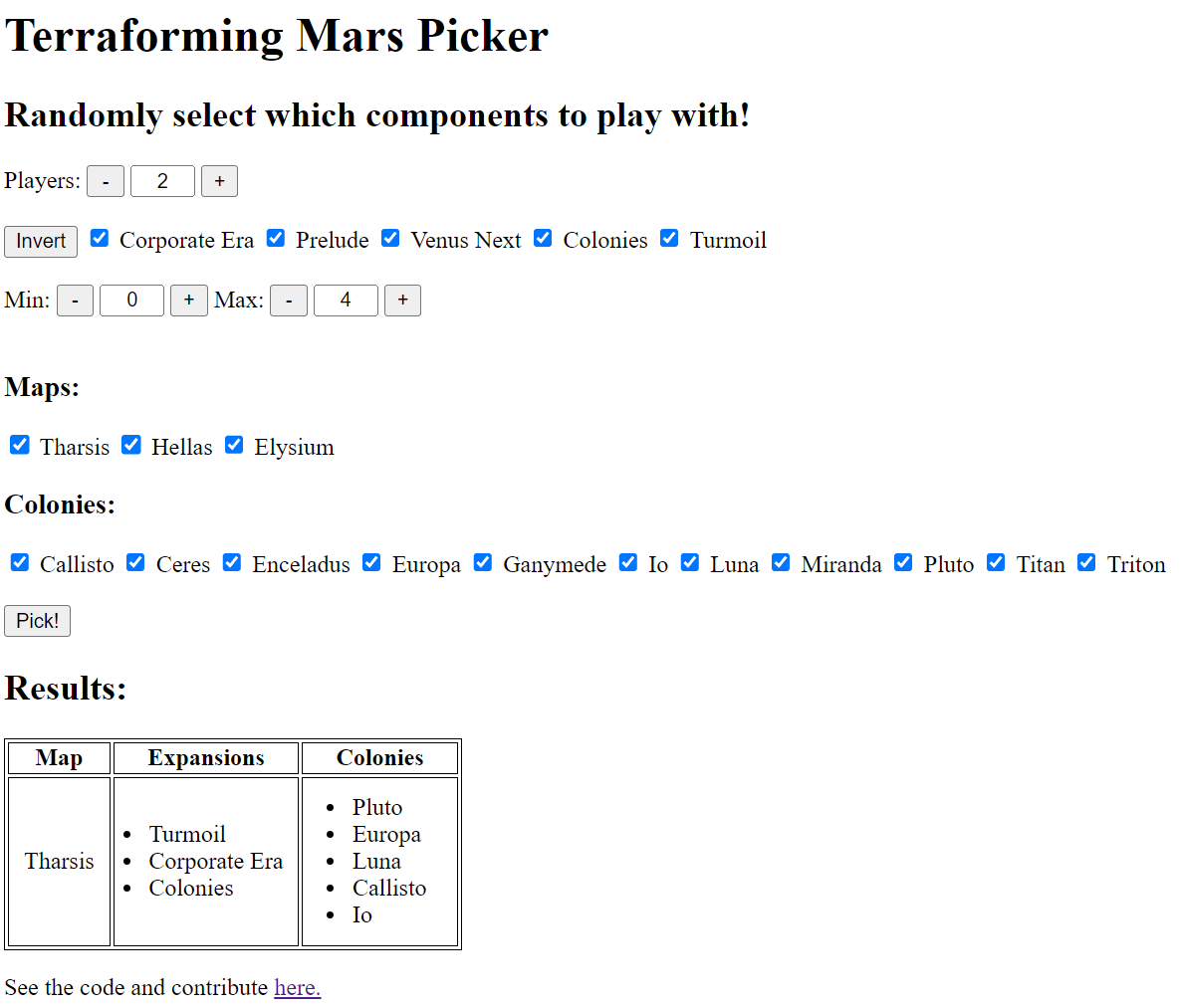 An image of the Terraforming Mars Picker having chosen components to play with